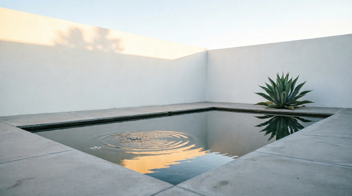 A modern courtyard with a sleek ground-level reflecting pool.