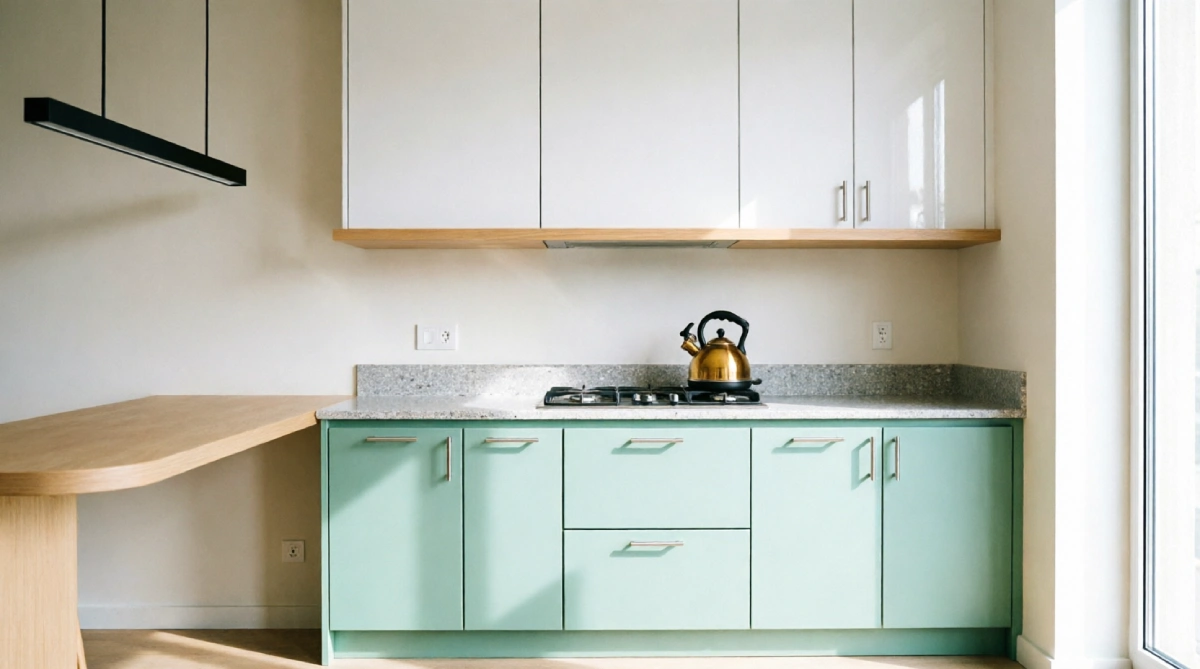 Mint green lower cabinets in a bright summer kitchen