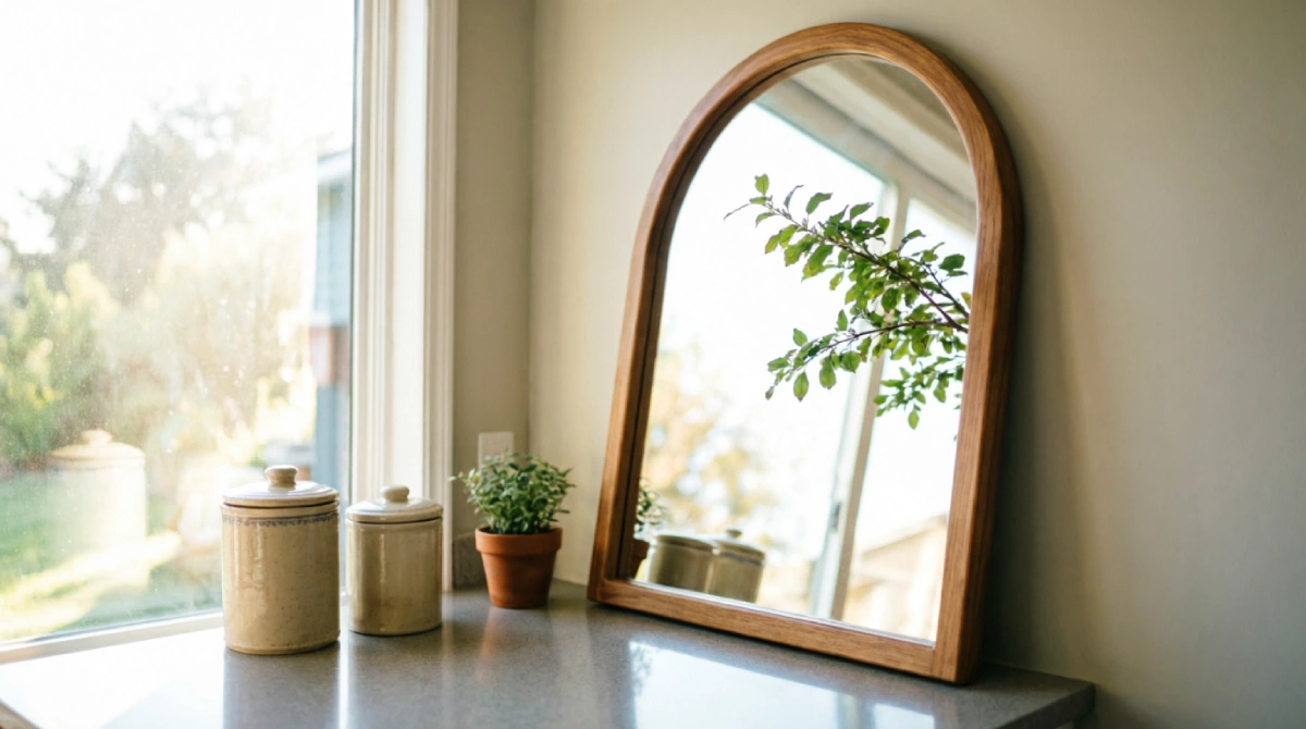 A large decorative mirror reflecting natural window light into a bright summer kitchen