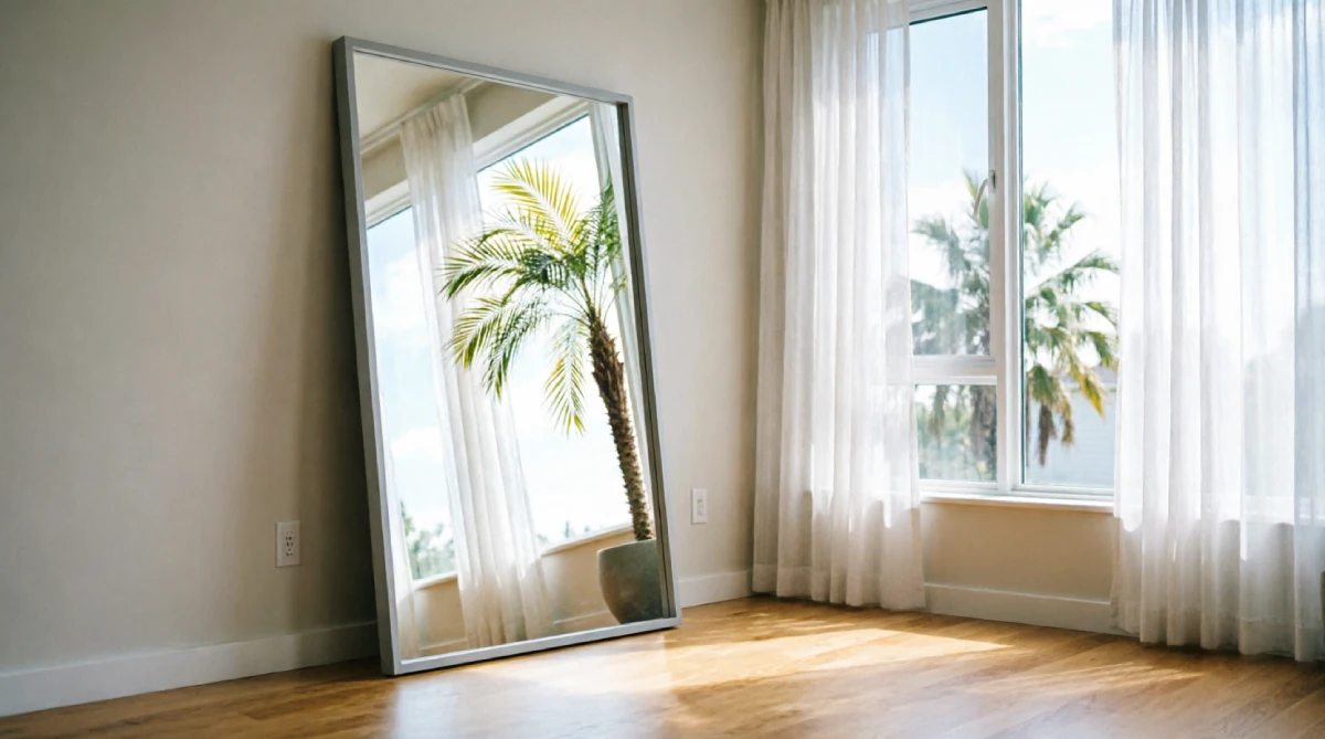 Floor mirror amplifying light in a modern summer living room to enhance clean look.