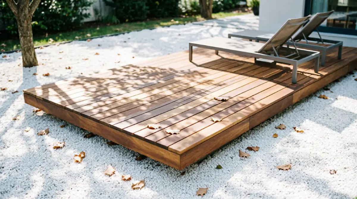 A modern floating deck with minimal visible edges in a backyard.