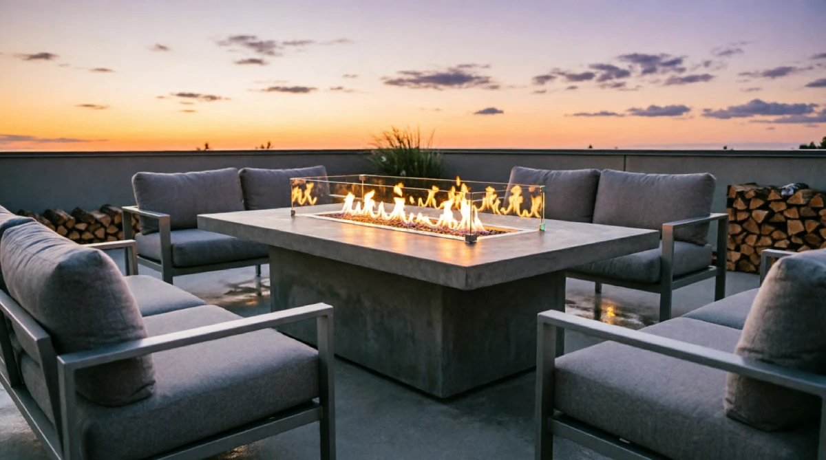 A modern fire table with a linear flame and concrete body on a patio.