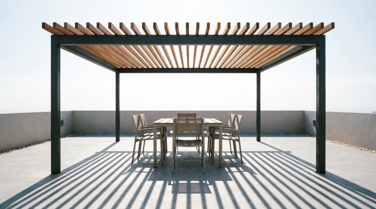 A modern minimalist pergola casting straight line shadows onto a patio.