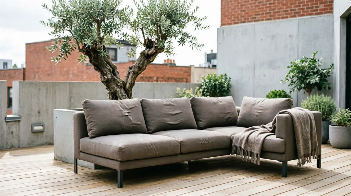 A modern patio with streamlined modular seating and a minimalist planter