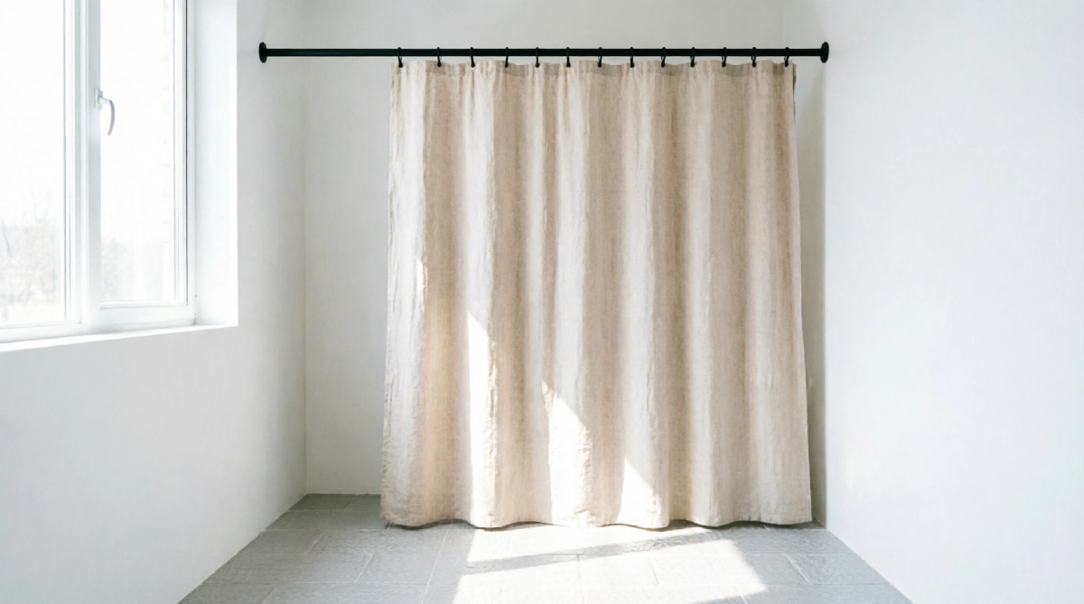 Light beige linen shower curtain in a modern summer bathroom with bright natural light