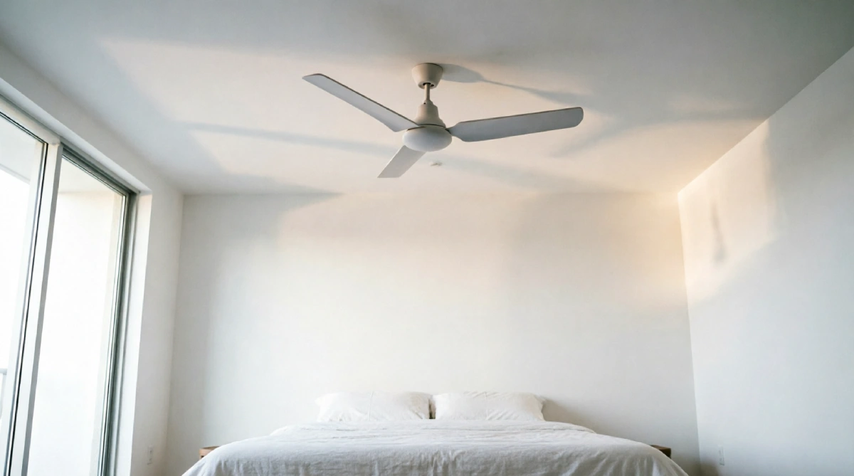 Modern ceiling fan in a clean summer bedroom, providing quiet cooling without visual clutter