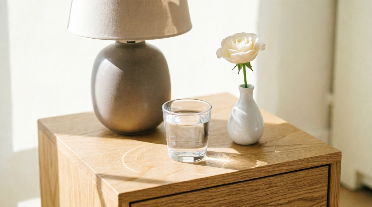 A minimalist nightstand in a modern summer bedroom, showing how to keep surfaces clear and calm.