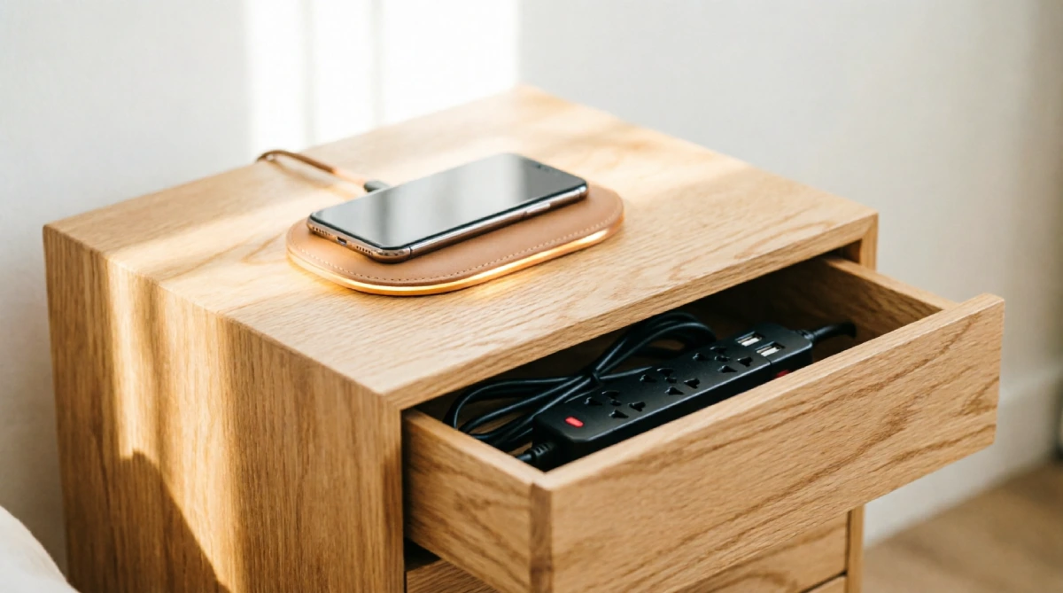 Tidy nightstand with hidden cables, supporting the clean modern look of a summer bedroom.
