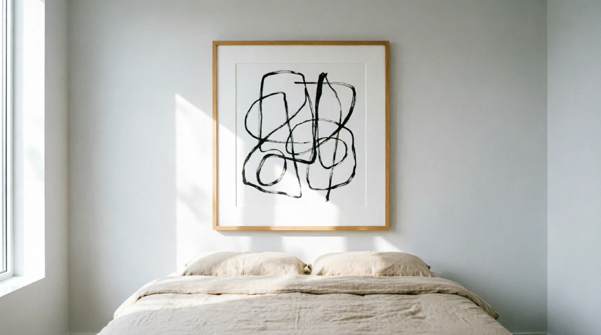 Large monochrome artwork above a summer bed, enhancing the clean and modern atmosphere.