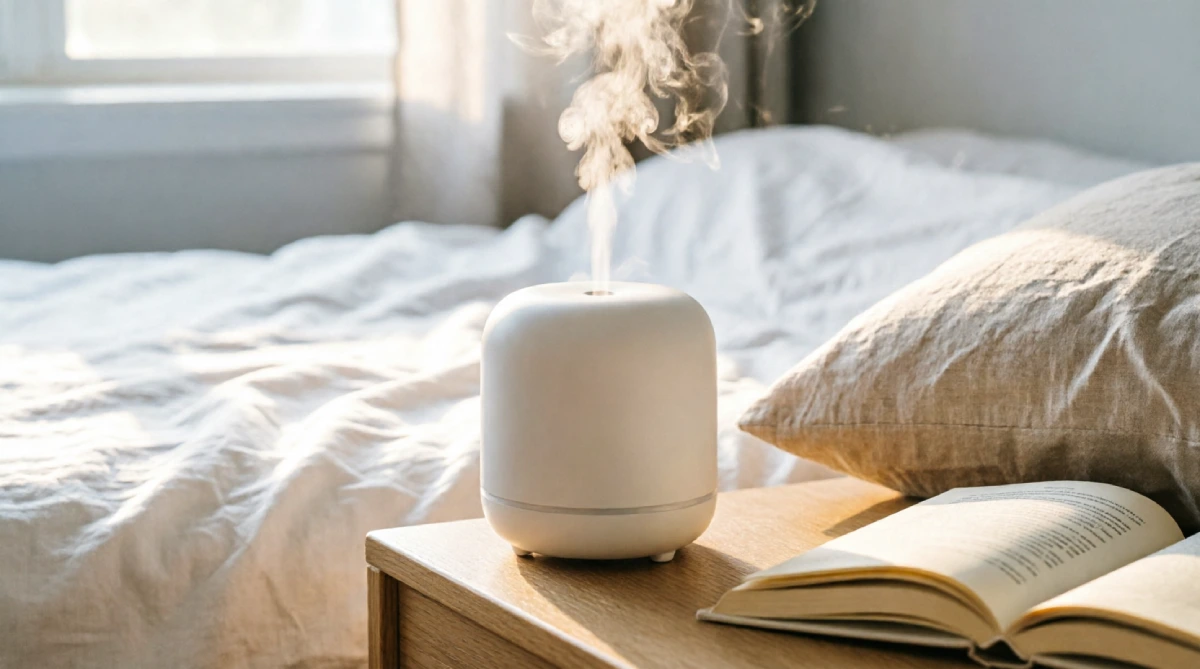 A scent diffuser in a clean summer bedroom, adding a light fresh aroma to the modern space.