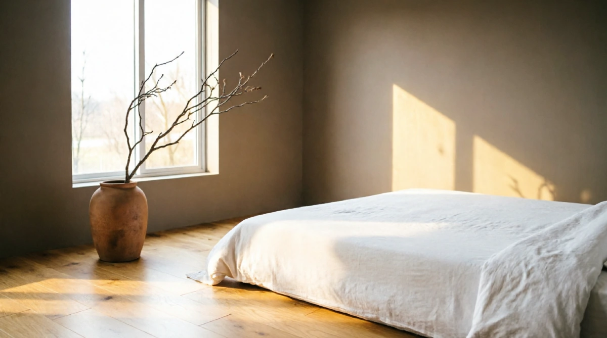 A neutral summer bedroom with pale walls and natural light, demonstrating a clean modern palette