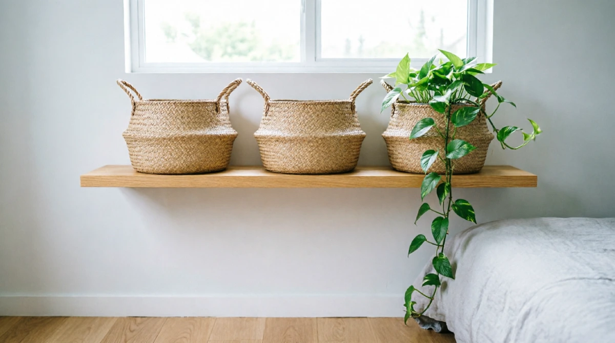 Floating shelf with baskets in a summer bedroom, keeping clutter hidden and the design clean.