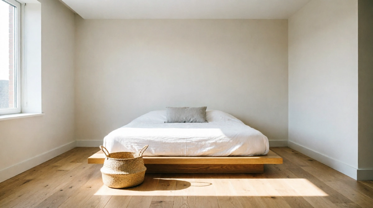 Low platform bed in an airy summer bedroom, helping create a clean and spacious layout.