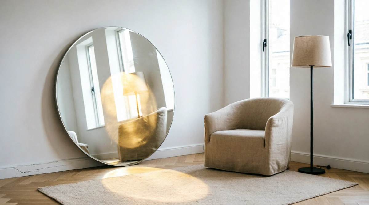 Mirror in a summer bedroom reflecting daylight, enhancing the clean and bright atmosphere.