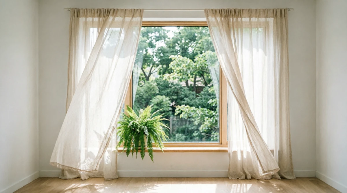 Sheer curtains in a modern summer bedroom, letting in diffused light while keeping the look clean and soft.