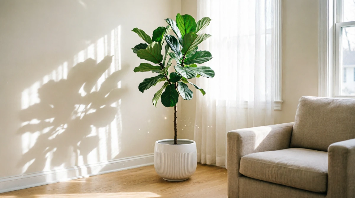 A single large plant in a summer bedroom, adding freshness to a clean modern interior.