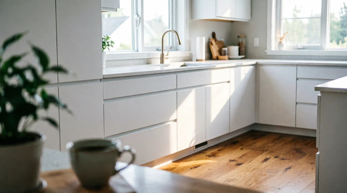 Modern summer kitchen featuring handleless flat-panel cabinets in matte white finish with push-to-open doors