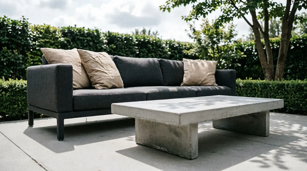 A monochromatic modern patio with grey seating and concrete accents