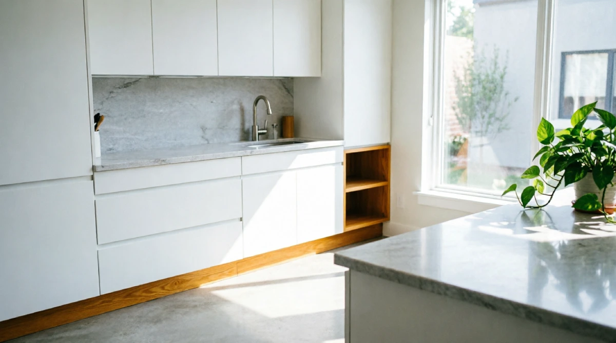 Modern summer kitchen with white cabinets, wood accents, and gray stone in a monochrome palette