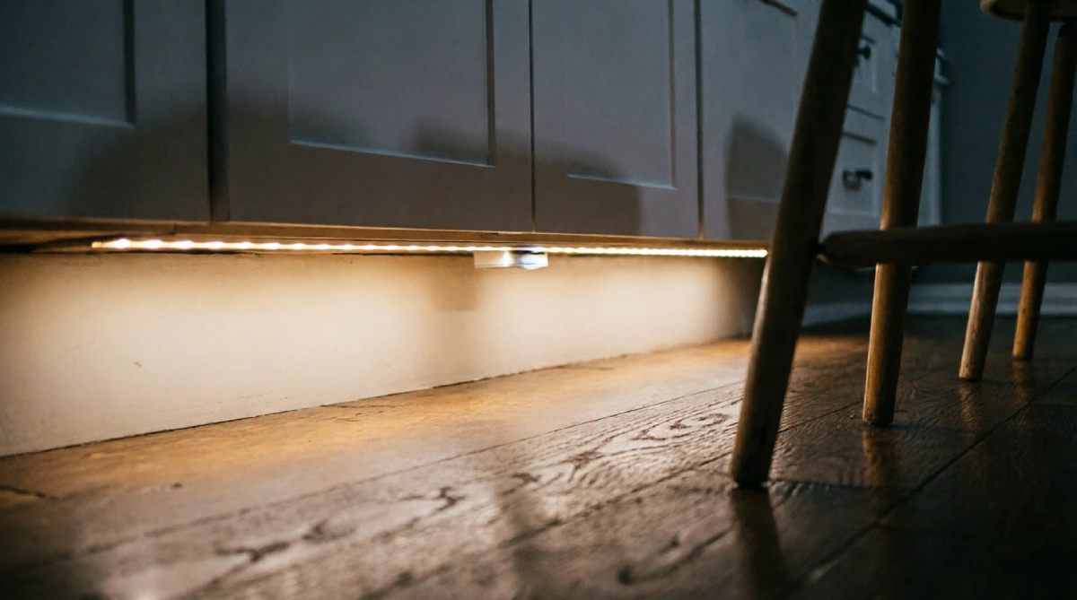 Soft motion-activated LED floor lighting under kitchen cabinets at night