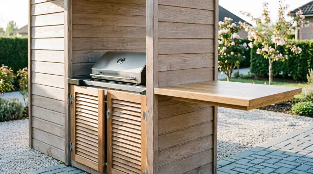 Slim outdoor galley kitchen along a house wall saving space in a small backyard
