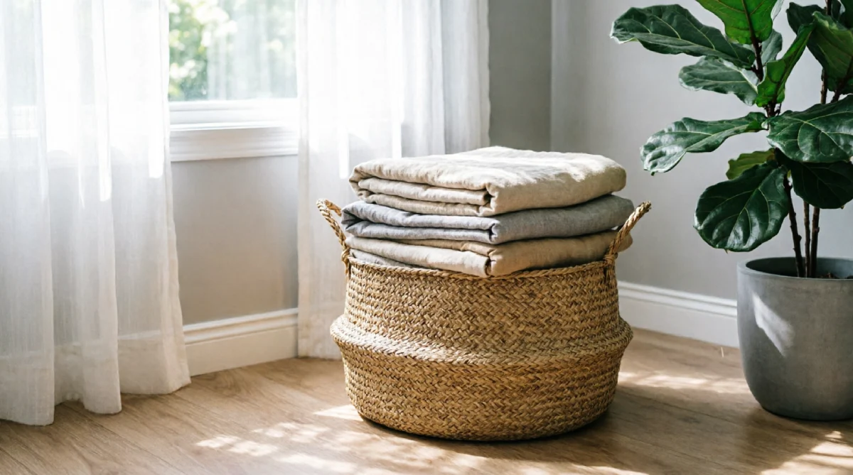Woven seagrass basket used for storage in a bright summer living room