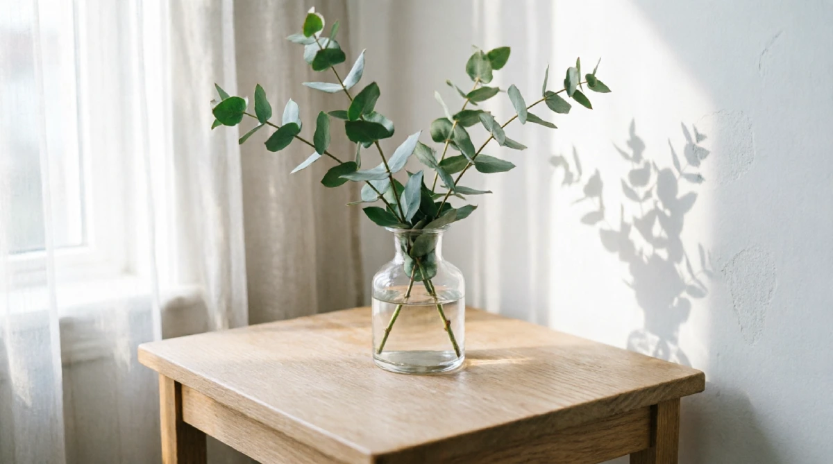 Fresh eucalyptus in a glass vase adding natural summer scent to a living room