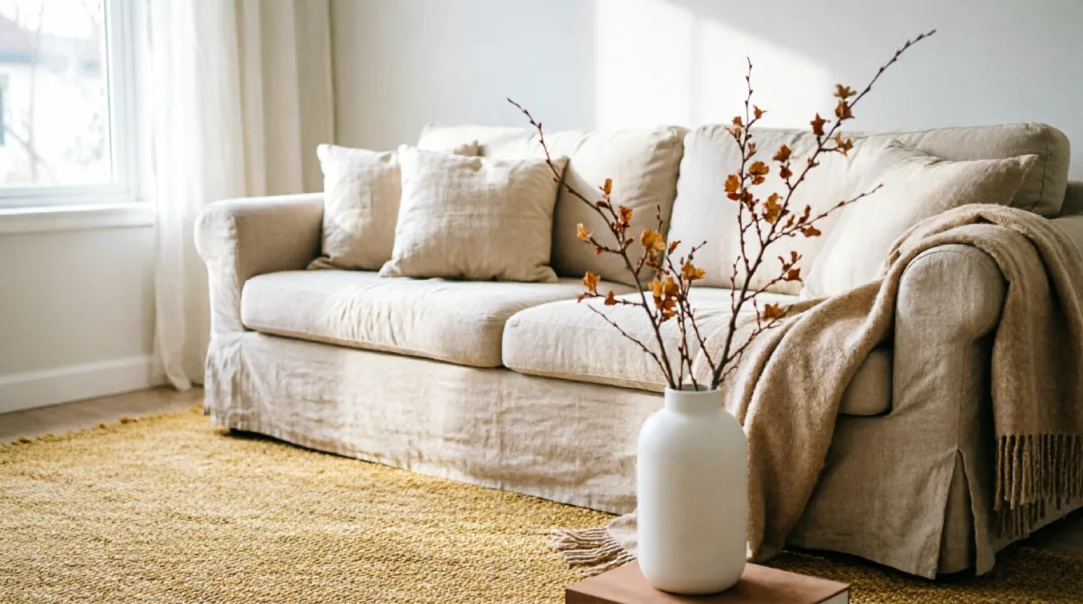 Neutral modern summer living room with white sofa and natural textures for a clean look