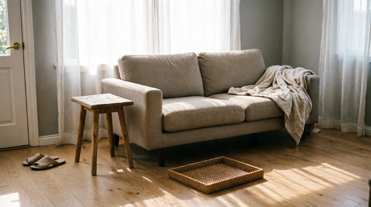 Living room with side table instead of central coffee table for open summer layout