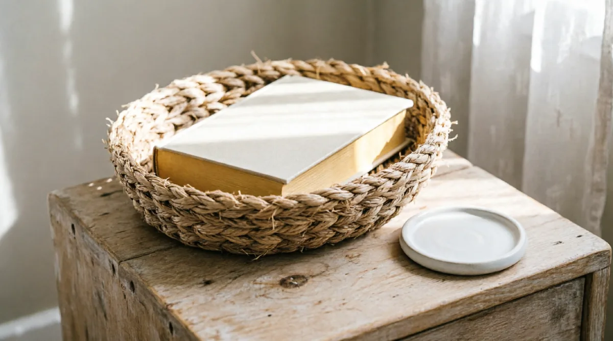 Open woven basket used as nightstand storage in a minimal summer bedroom
