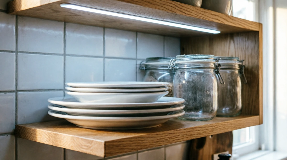 Open kitchen shelving with integrated LED strip lighting highlighting white plates and jars