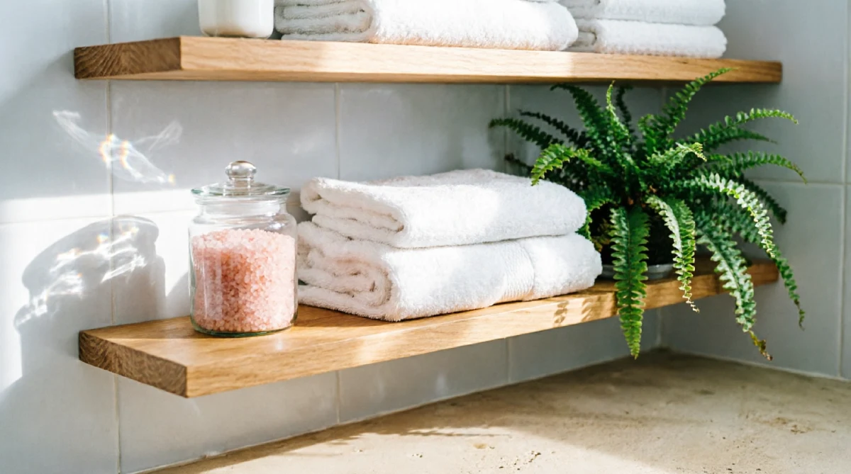 Open wooden shelving in a bright modern summer bathroom with plants and towels