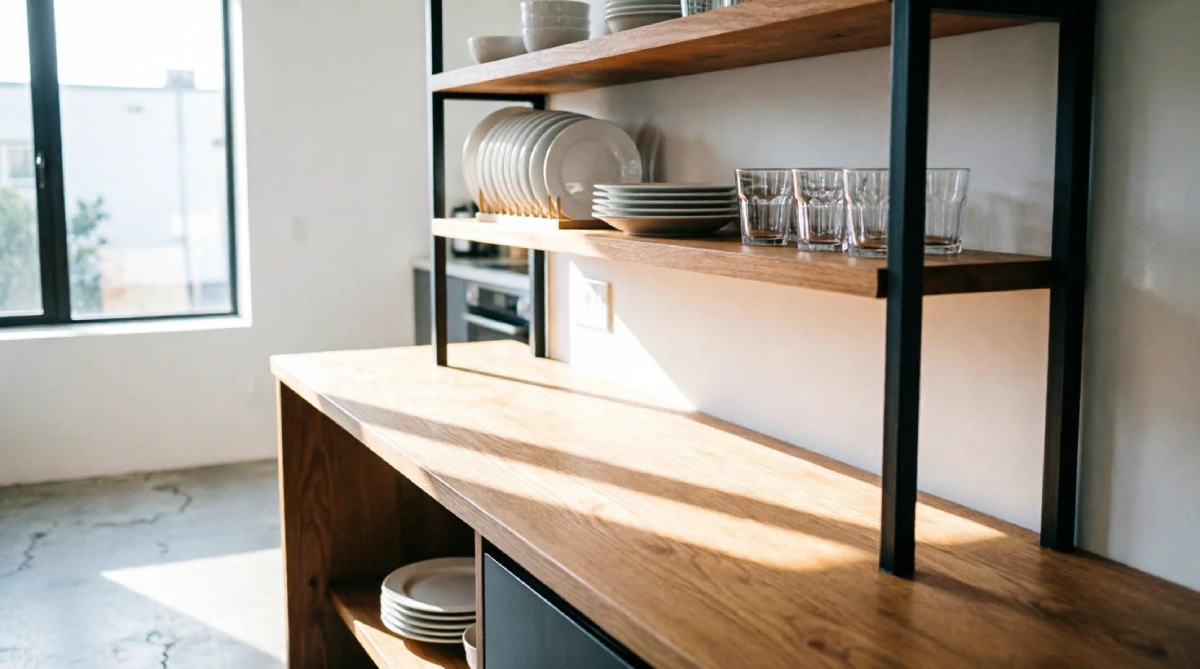 Modern summer kitchen with wood open shelving displaying everyday dishes and glassware