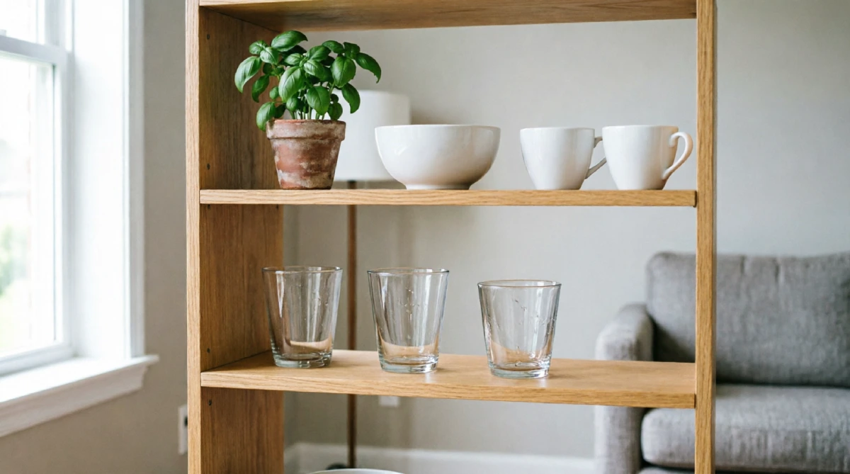 Open shelving with plants and ceramics bridging indoor-outdoor feel modern summer living room.