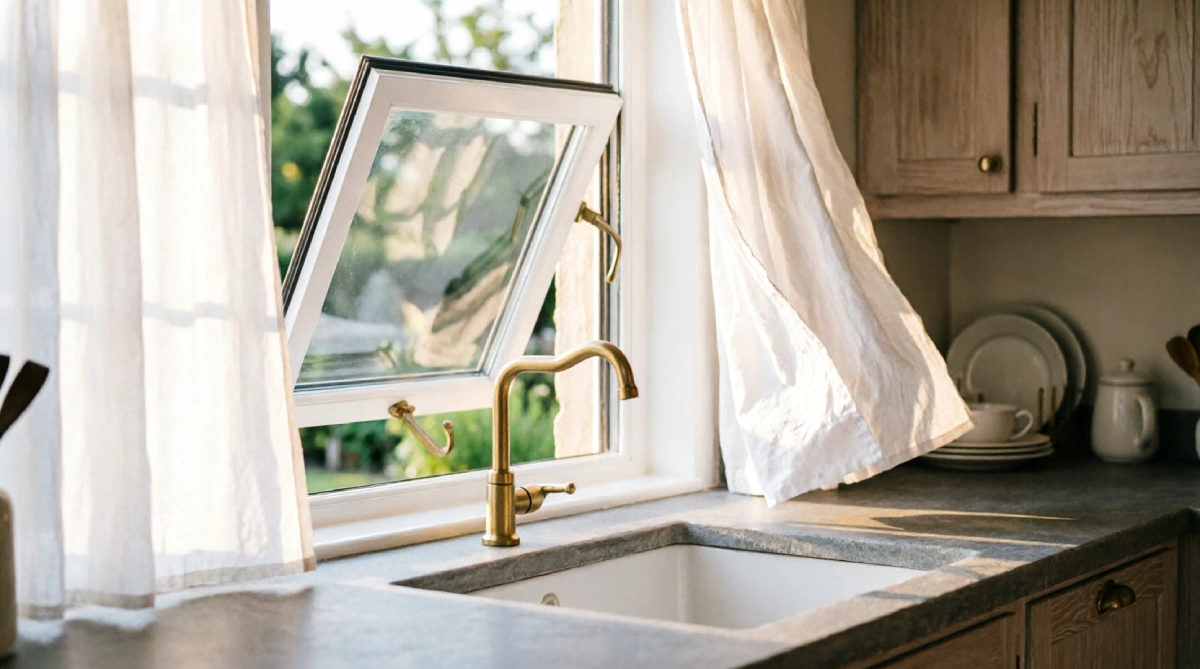Casement window open above kitchen sink allowing natural airflow and cross-breezes