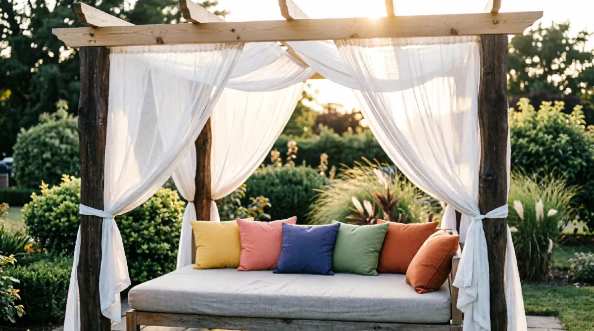 Sheer outdoor curtains on a pergola enclosing a daybed for a cozy, sheltered relaxation area