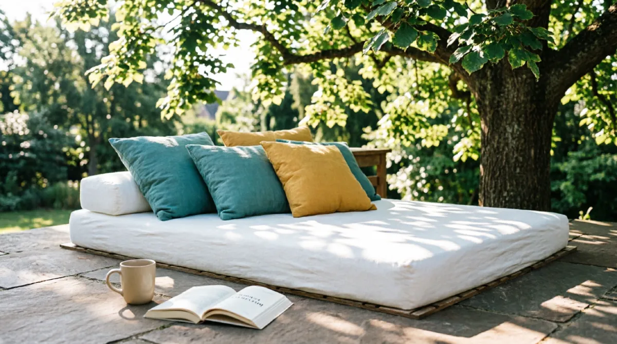 A shaded outdoor daybed with soft pillows offering a cozy spot for afternoon lounging