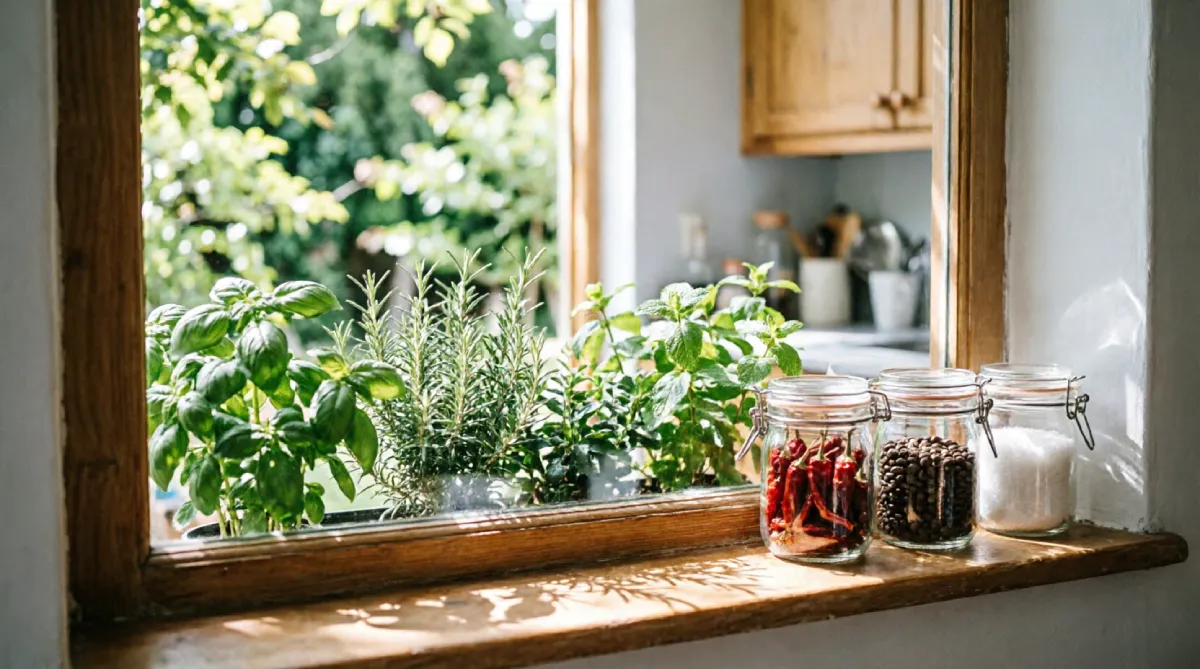 Herb planter box shading a budget summer kitchen window and reducing indoor heat naturally