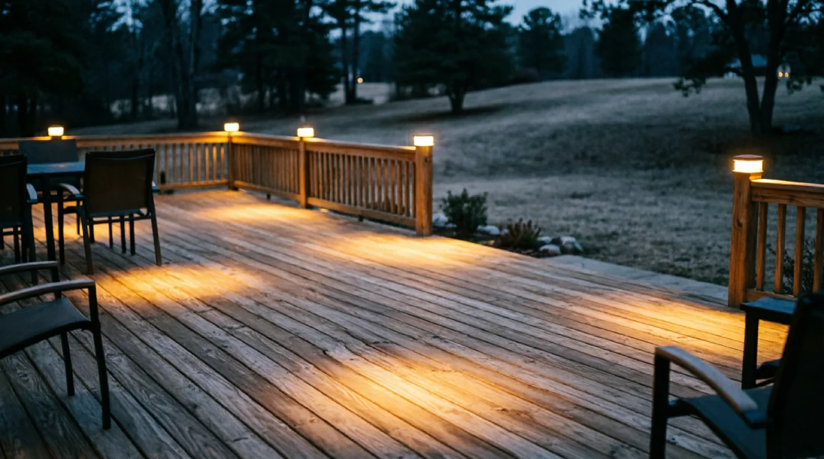12 Outdoor Lighting Ideas for Summer Nights - Outdoor Living - Homedecortoday LED deck post caps outlining a wooden railing on a summer night
