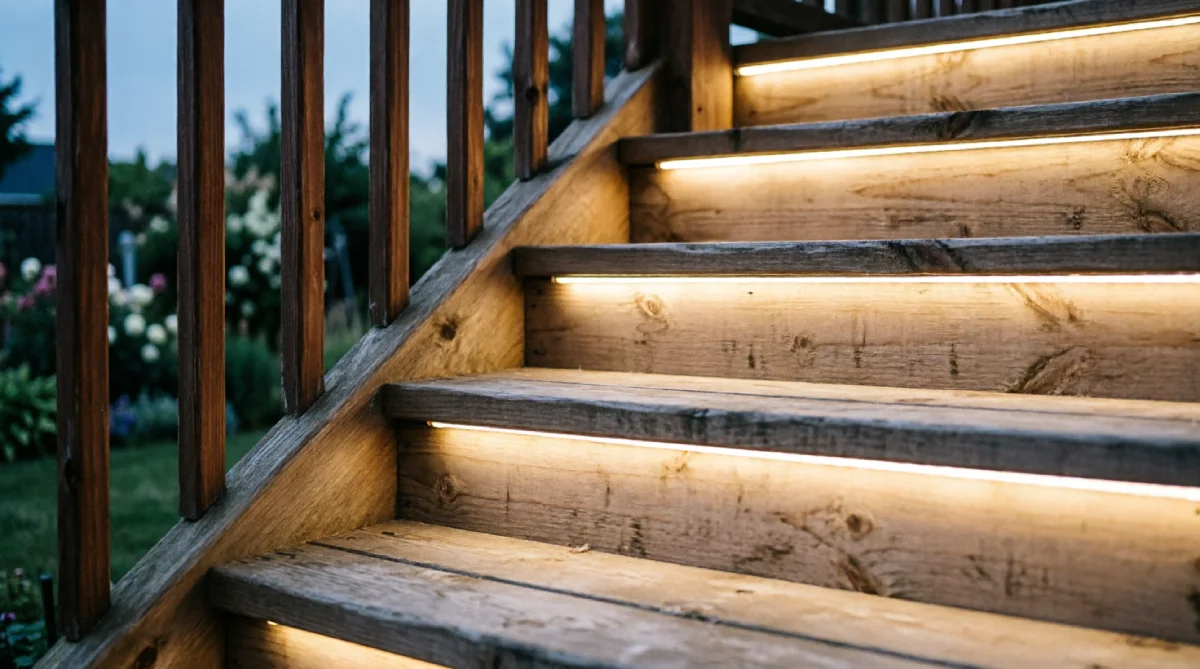 12 Outdoor Lighting Ideas for Summer Nights - Outdoor Living - Homedecortoday Recessed step lights on an outdoor deck staircase at night.