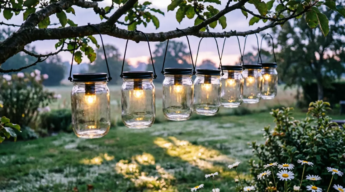 12 Outdoor Lighting Ideas for Summer Nights - Outdoor Living - Homedecortoday DIY mason jar solar lights hanging from tree branches in a summer garden.