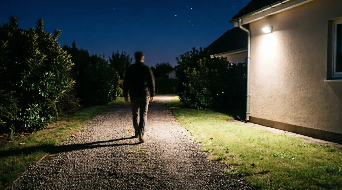12 Outdoor Lighting Ideas for Summer Nights - Outdoor Living - Homedecortoday Motion-activated outdoor light with warm white glow illuminating a path