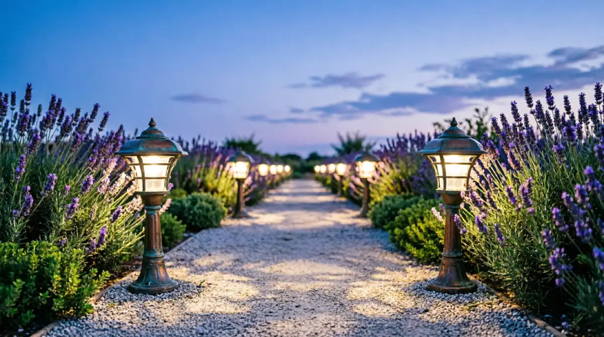 12 Outdoor Lighting Ideas for Summer Nights - Outdoor Living - Homedecortoday Solar path lights illuminating a garden walkway during a summer twilight