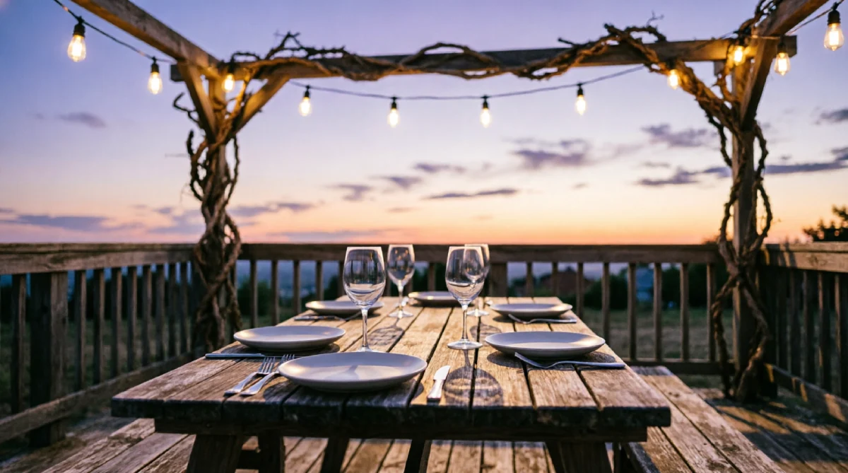 12 Outdoor Lighting Ideas for Summer Nights - Outdoor Living - Homedecortoday String lights hanging over an outdoor dining table on a summer evening.