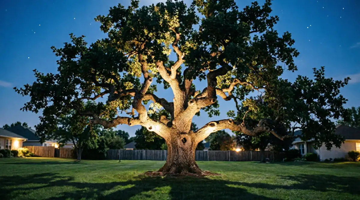 12 Outdoor Lighting Ideas for Summer Nights - Outdoor Living - Homedecortoday Uplighting illuminating a mature tree in a summer backyard