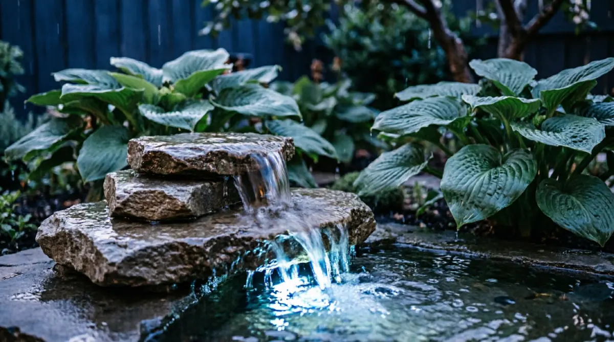 12 Outdoor Lighting Ideas for Summer Nights - Outdoor Living - Homedecortoday Submersible light illuminating a backyard water fountain at night.