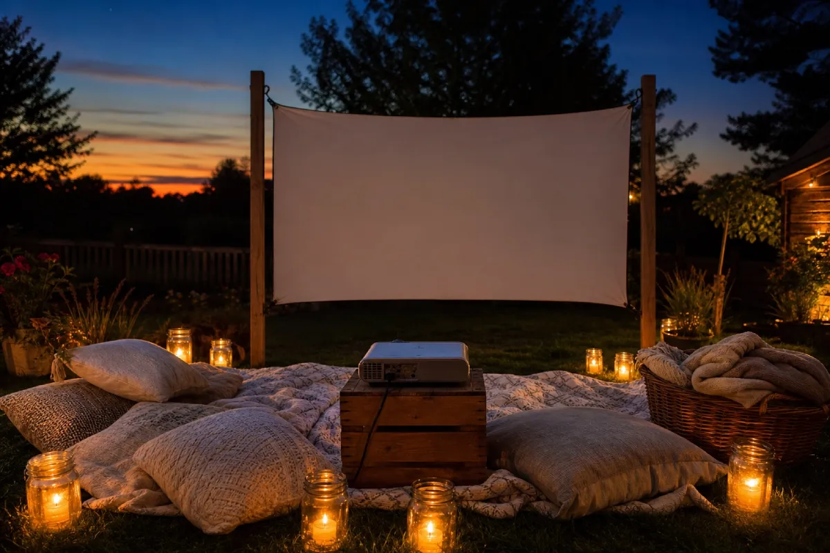 A DIY outdoor movie setup with floor cushions and soft lighting for a cozy summer evening.