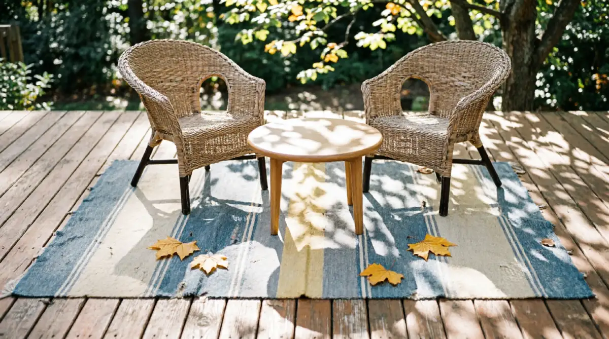 An outdoor rug anchoring a small seating area on a sunny deck for a cozy, finished look.