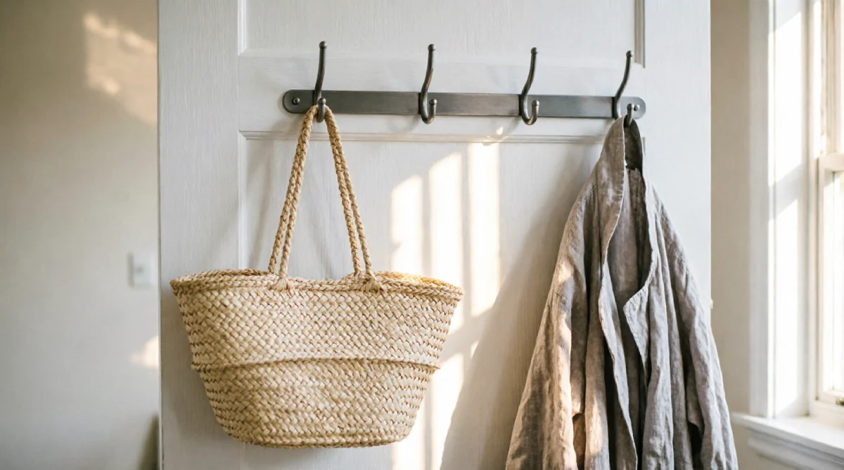 Over-the-door hook rack holding summer accessories in a tidy bedroom