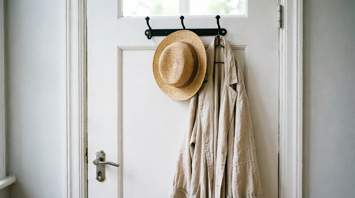 Over-the-door hooks storing a sun hat and robe in a small summer bedroom to save space.
